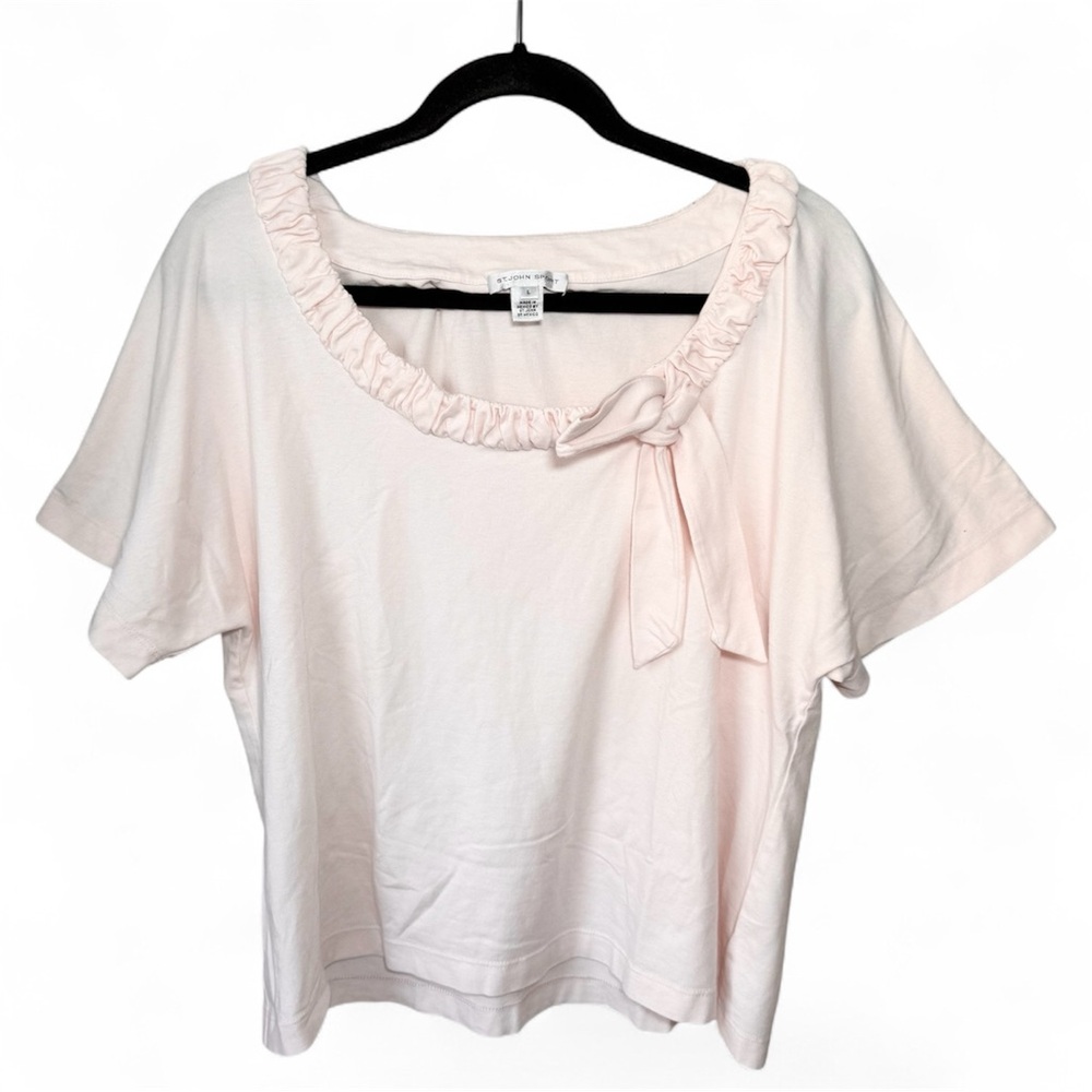 St John Sport Women’s Blouse Top Women’s Large Ruffle Neckline Bow Pink